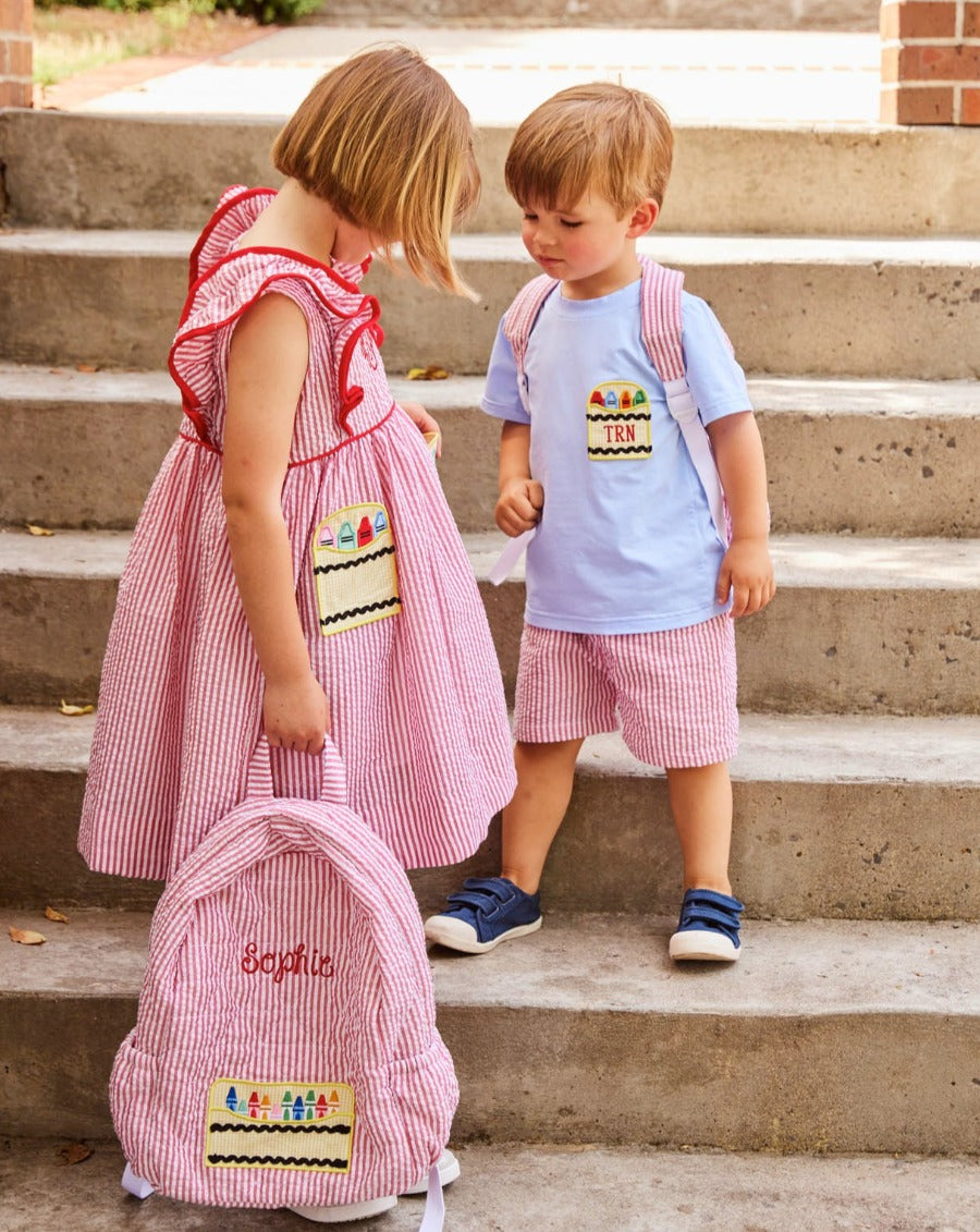 Crayon Pocket Red Seersucker Boy Shorts Set- FINAL SALE