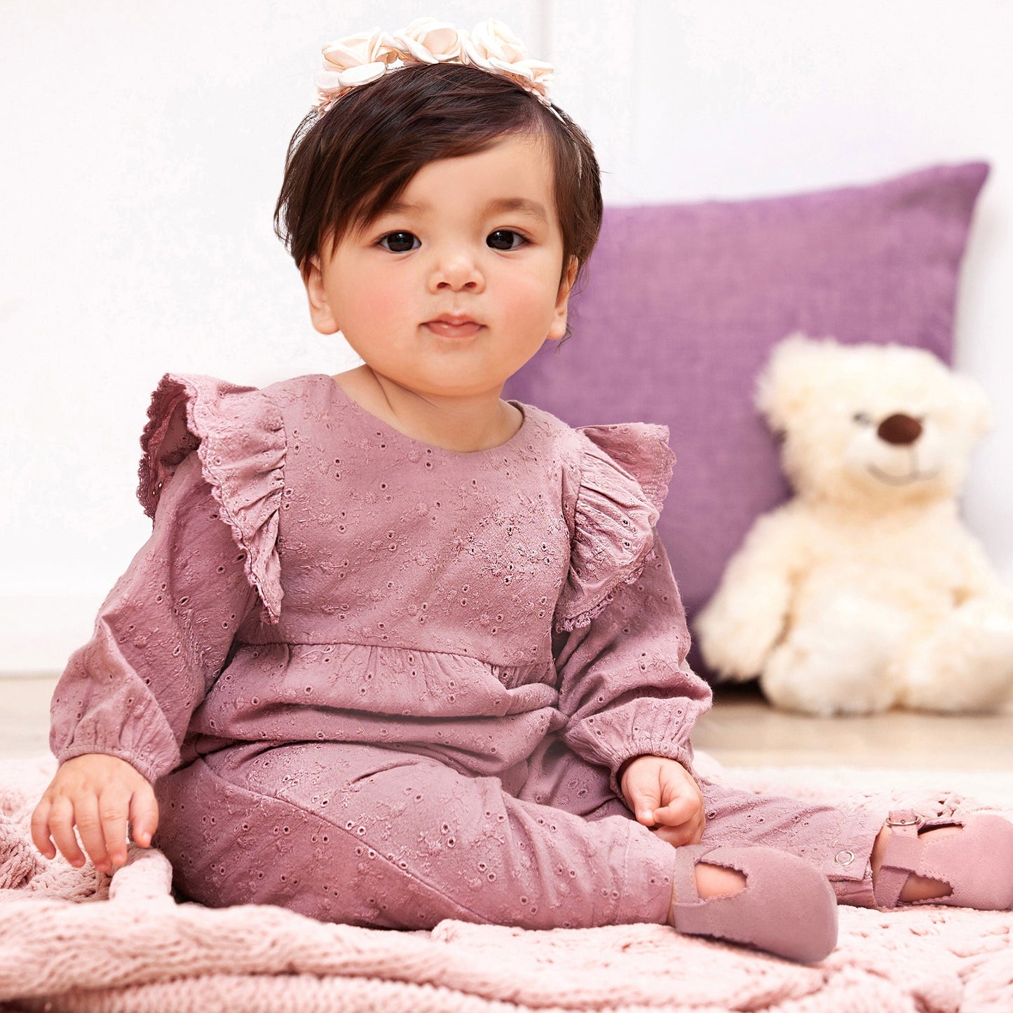 Mauve Eyelet Girls Romper – Embroidered Cotton Ruffle Sleeve