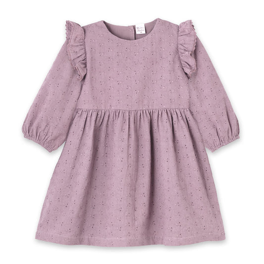 Mauve Eyelet Girls Dress – Embroidered Cotton Ruffle Sleeve