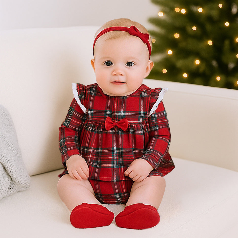 Christmas Bamboo Baby Skirted Bodysuit – Red Tartan Plaid