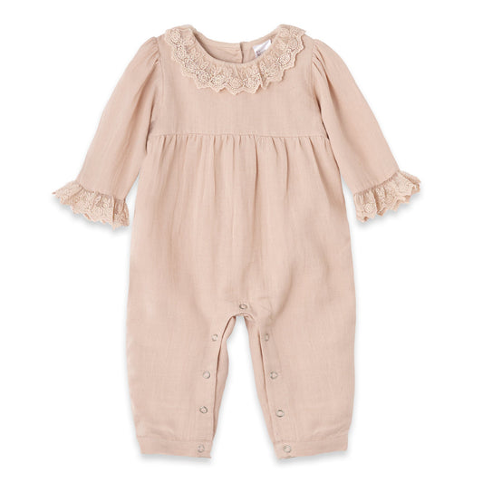 Lace Trim Baby Girl Romper in Soft Beige Rayon Linen