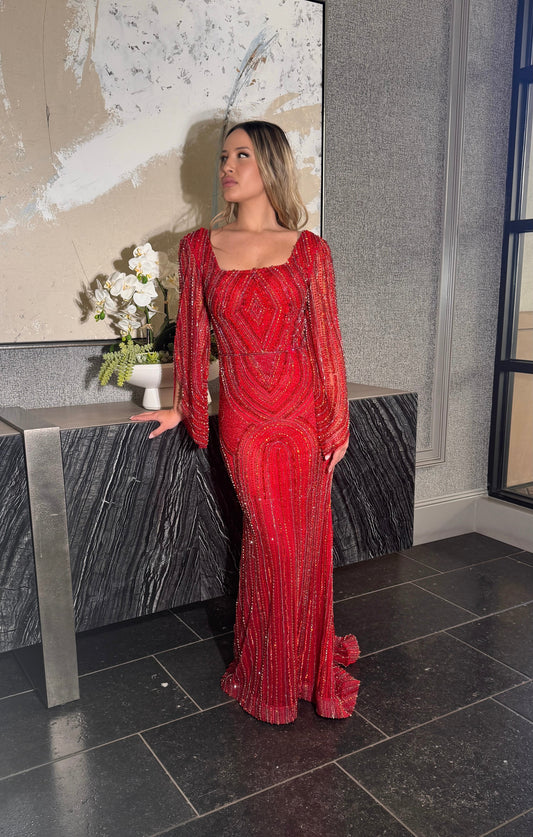 Lailah Modest Long Drape Sleeves Beaded Red Gown