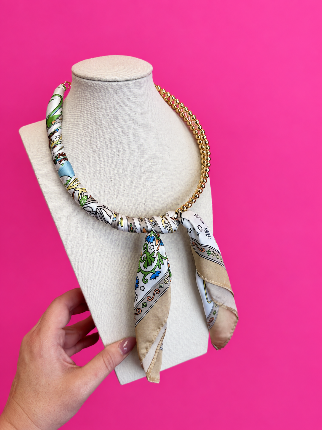 Scarf and Gold Bead Necklace - Blue and Brown Paisley