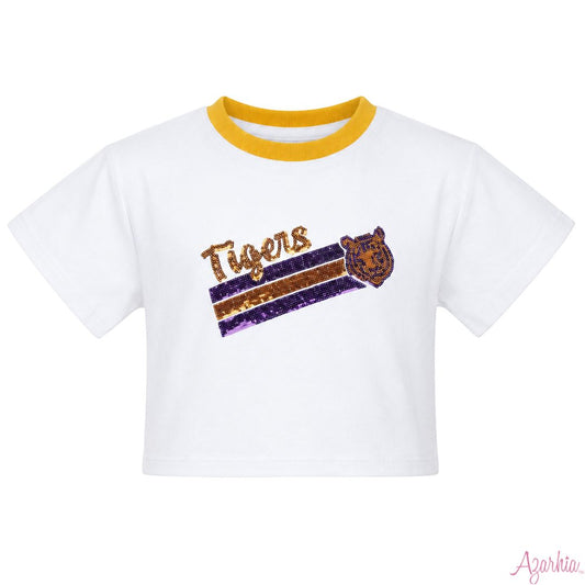 Azarhia Sequin Tiger Face Stripes Boxy Tee | Purple & Gold Girls Game Day Shirt