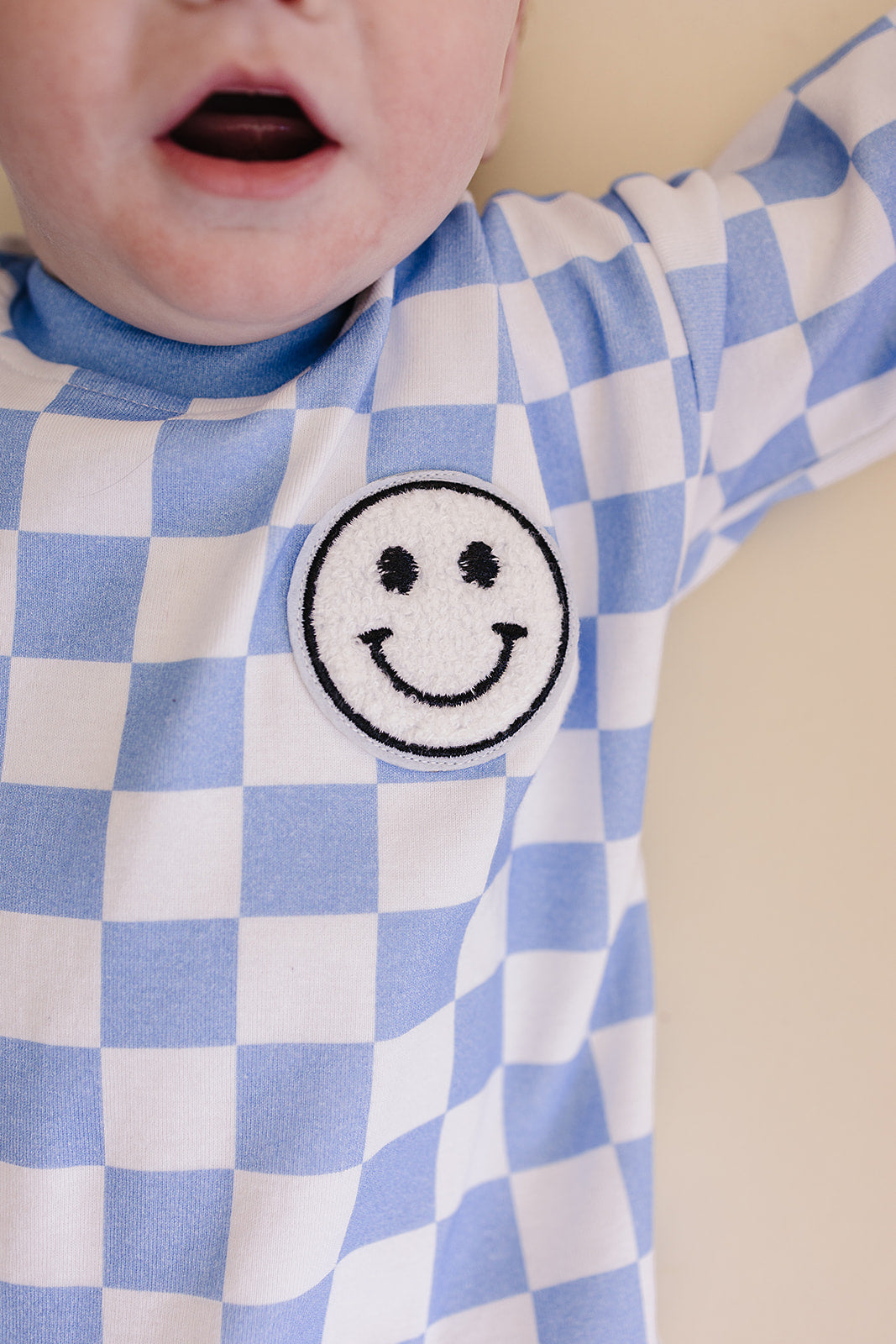 Bubble Romper | Checkered Smiley Blue