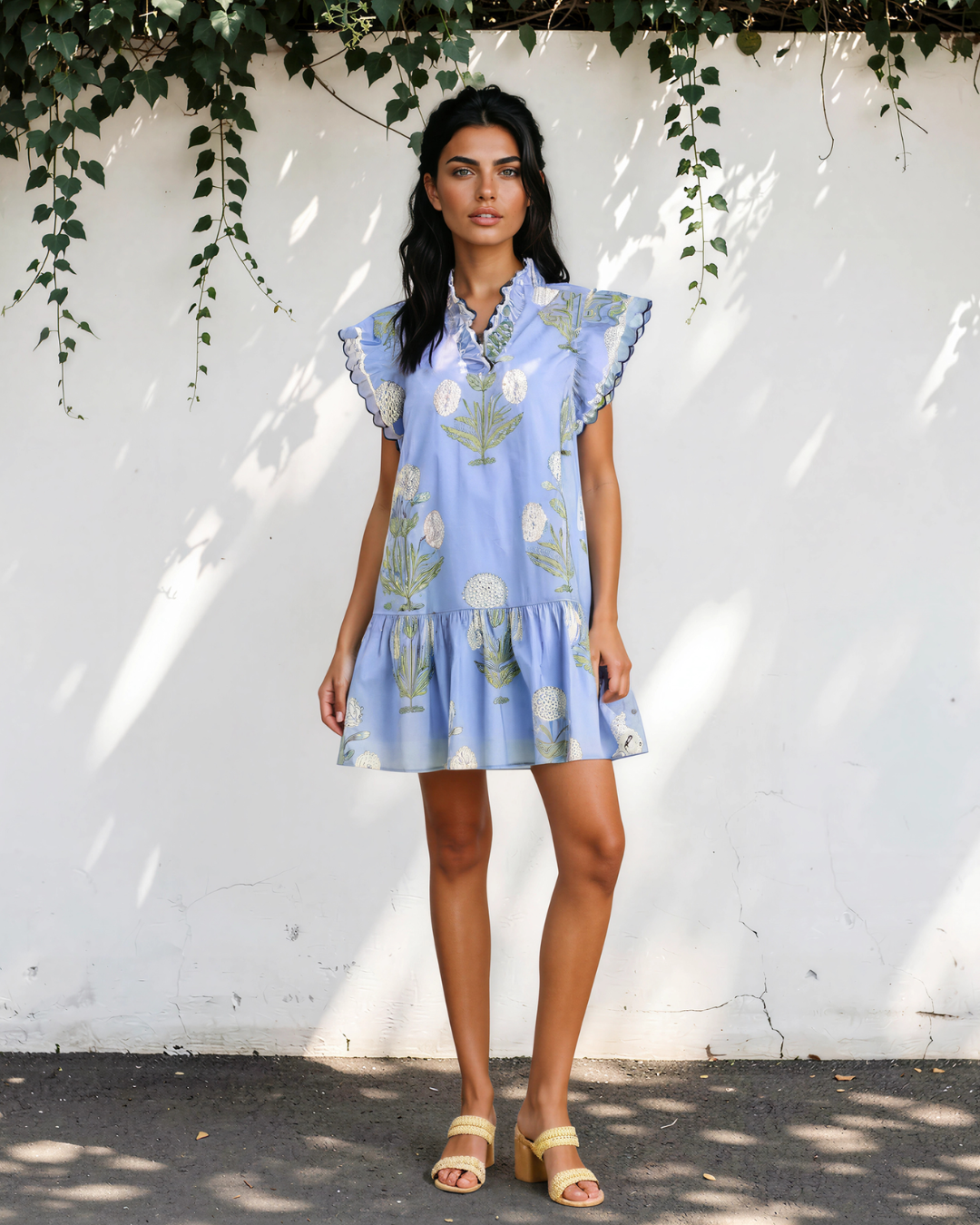 Everrett Scalloped Embroidery Trim V Neck Drop Waist Mini Dress