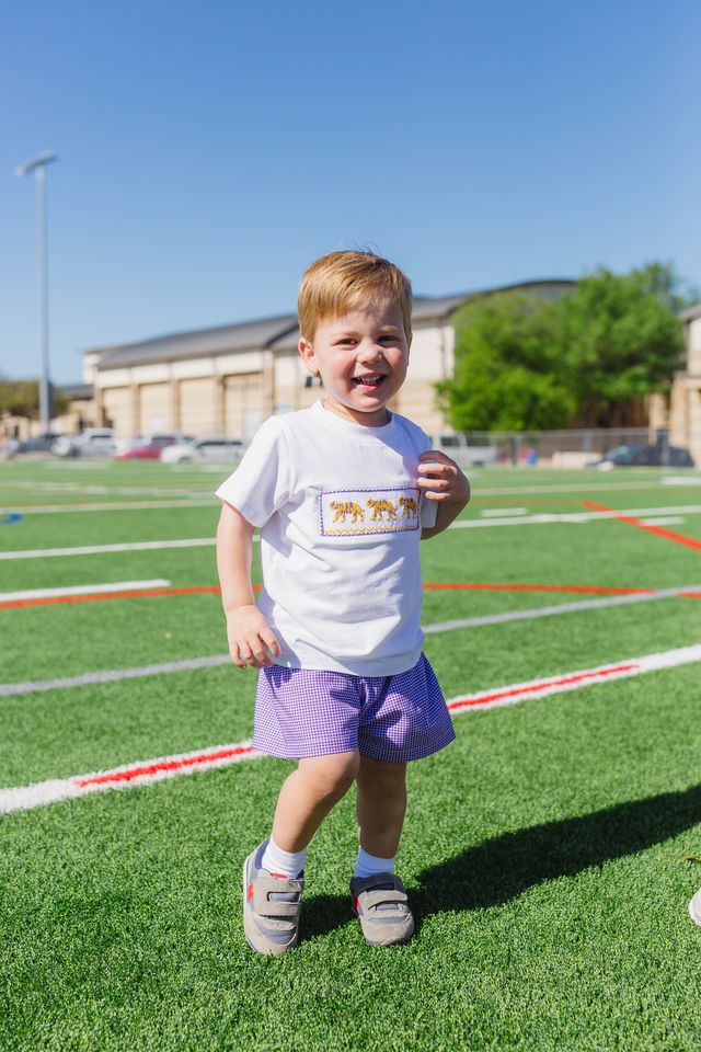 Boys Purple Tiger Smocked Short Set – LSU-Inspired Boys Game Day Outfit | The Prissy Pelican Boutique Bossier City, LA