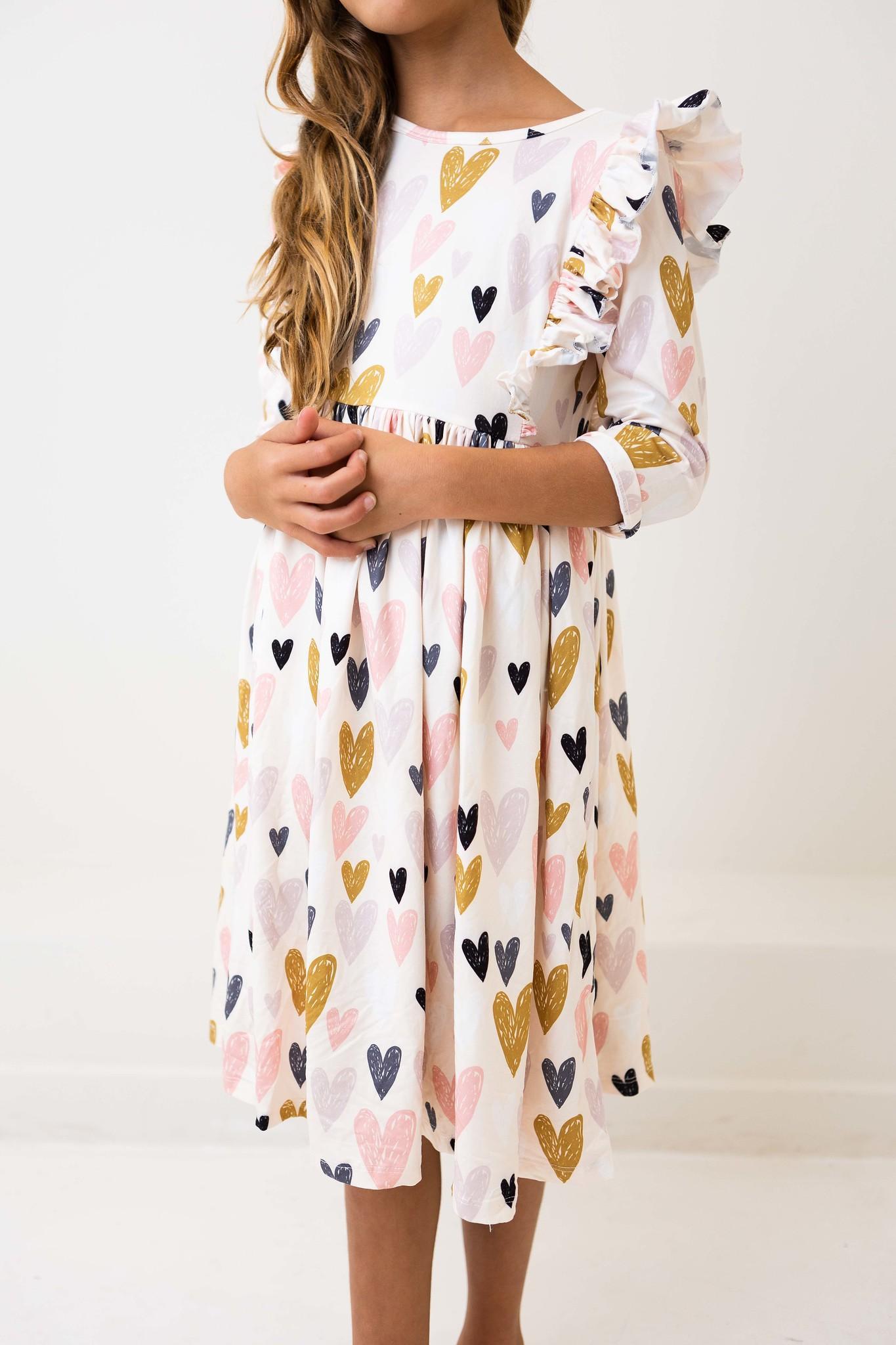 I Heart You 3/4 Sleeve Ruffle Twirl Dress