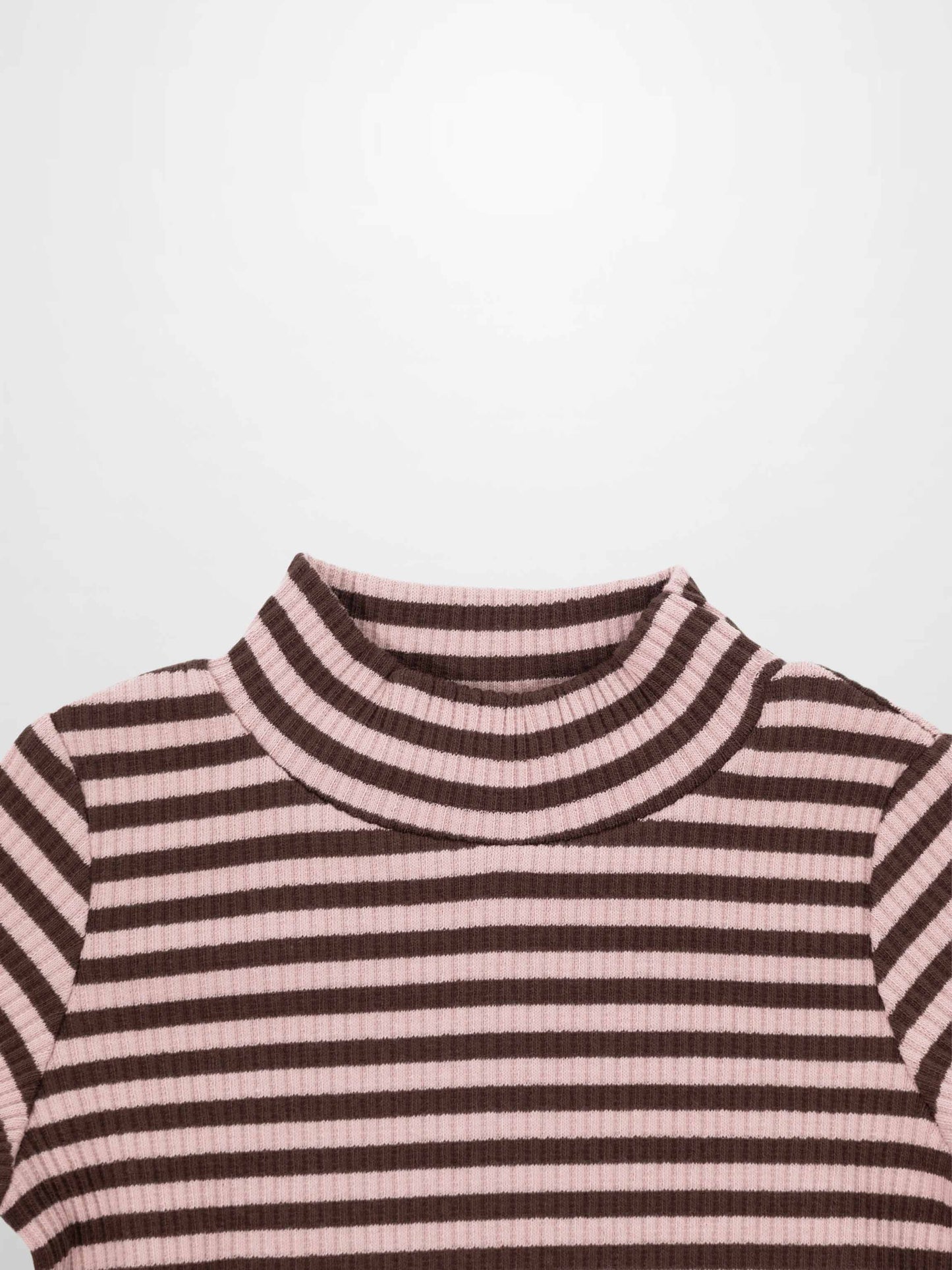 Striped Mock Neck T-Shirt - Brown & Pink