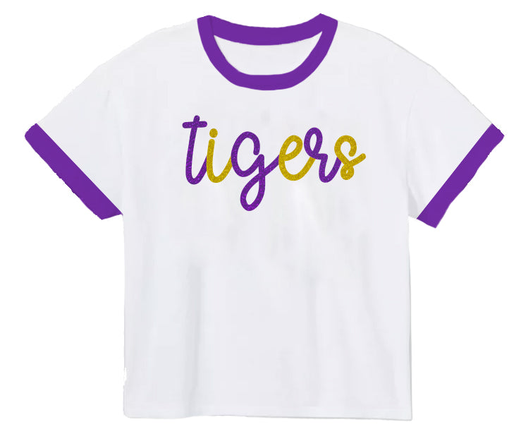 Tigers Tinsel Ringer Tee – Girls Boxy Game Day Top in Purple & Gold