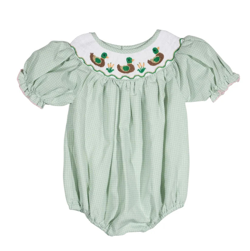 Girls Green Smocked Mallard Duck Bubble | Southern Fall Outfit
