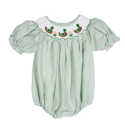 Girls Green Smocked Mallard Duck Bubble | Southern Fall Outfit
