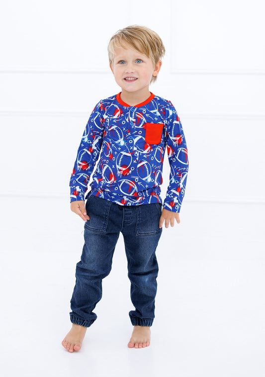 Graffiti Football Henley T-Shirt : BLUE AND RED