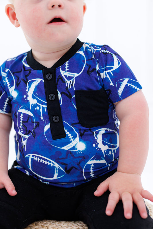 Graffiti Football Henley T-Shirt : BLUE AND WHITE WITH STARS