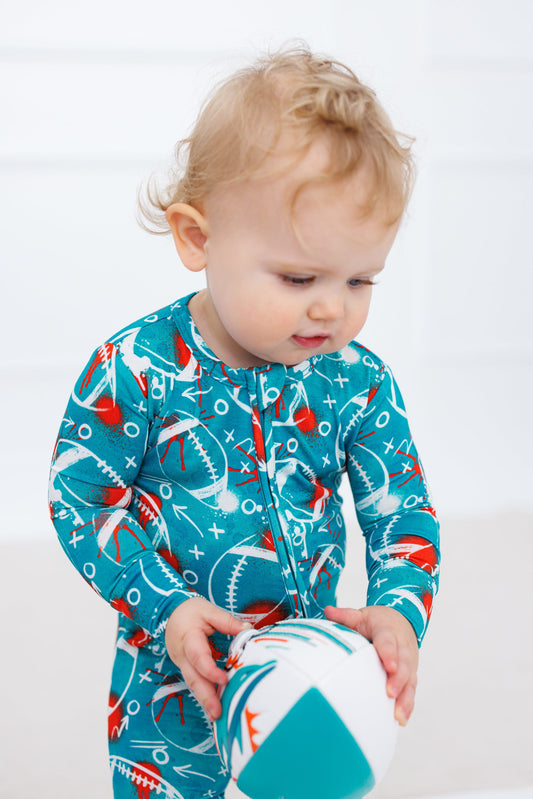 Graffiti Football Convertible Romper : AQUA AND ORANGE