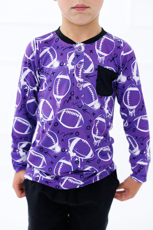 Graffiti Football Henley T-Shirt : PURPLE AND WHITE