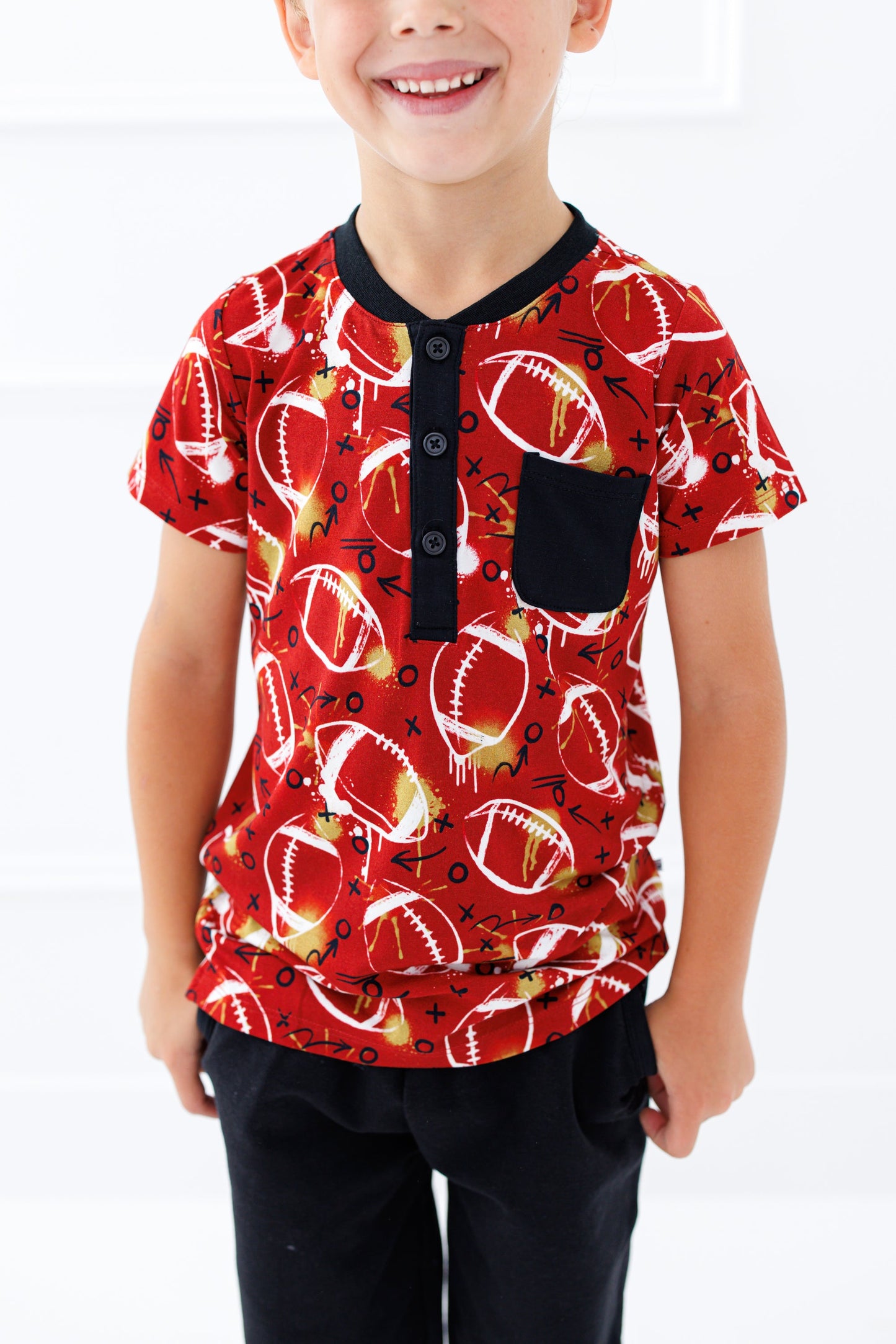 Graffiti Football Henley T-Shirt : RED AND GOLD