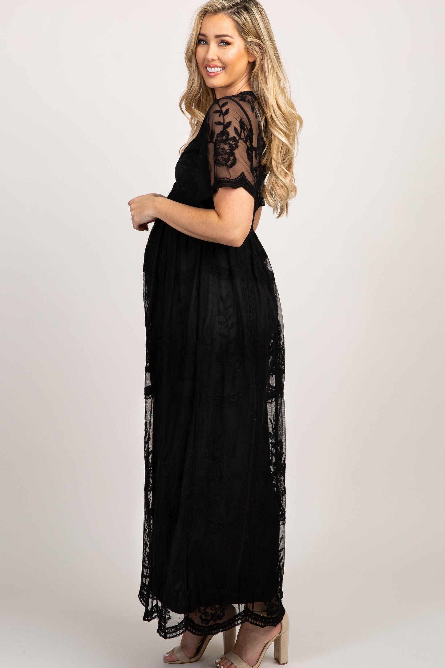 PinkBlush Black Lace Mesh Overlay Maternity Maxi Dress