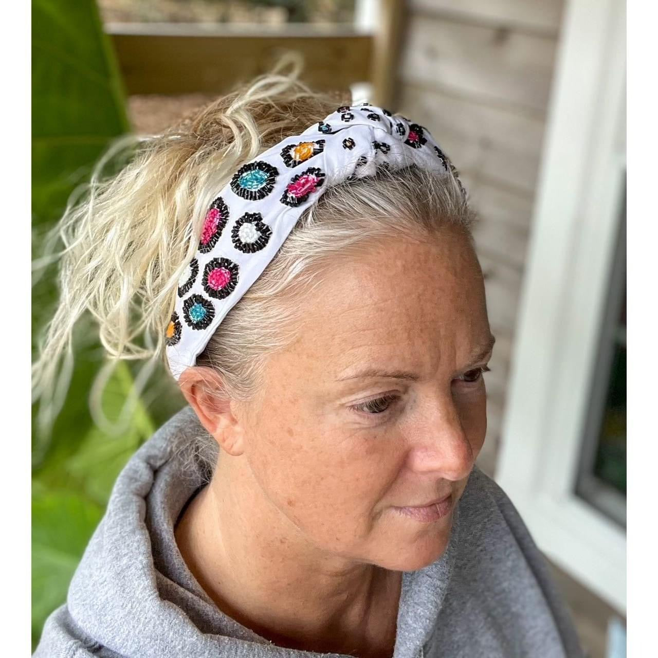 Bright Leopard Top Knot Seed Beaded Headband