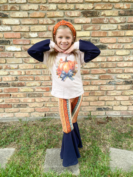 Girls Fall Boho Stripe Bell Bottom Pants – Navy Flare Pumpkin Patch Outfit