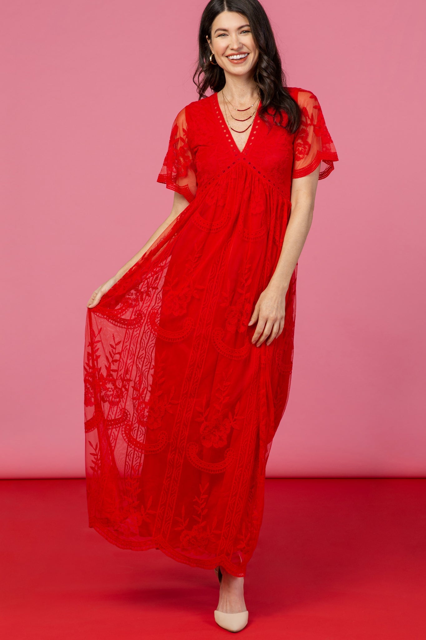 PinkBlush Red Lace Mesh Overlay Maxi Dress The Prissy Pelican PinkBlush Red Lace Mesh Overlay Maxi Dress The Prissy Pelican