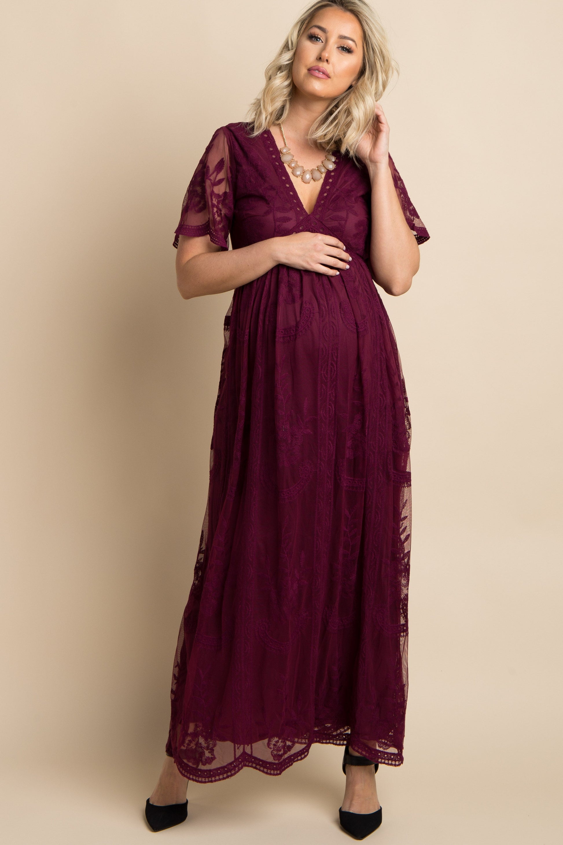 Burgundy Lace Mesh Overlay Maternity Maxi Dress – The Prissy Pelican