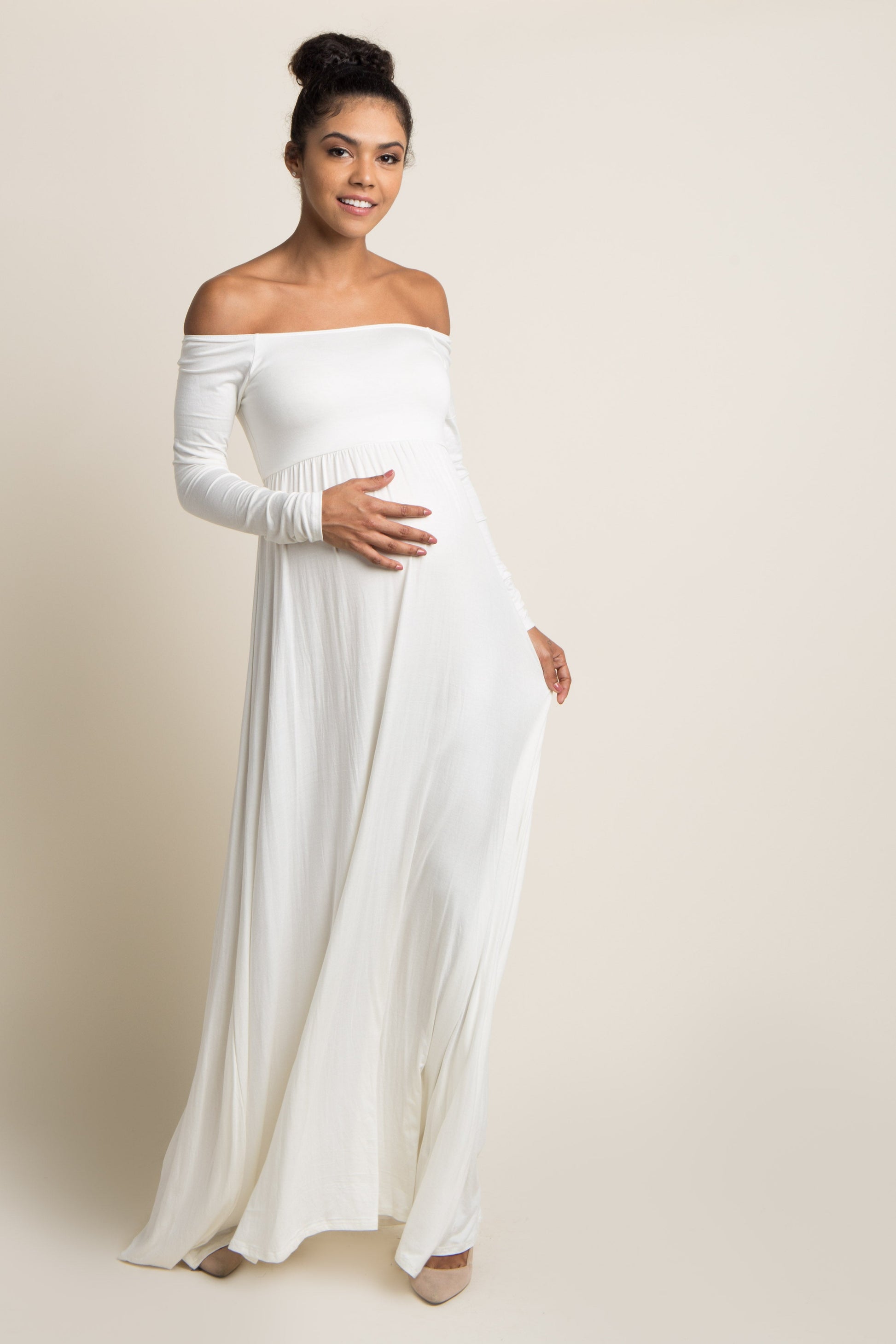 PinkBlush Petite Ivory Solid Off Shoulder Maternity Maxi Dress PinkBlush Petite Ivory Solid Off Shoulder Maternity Maxi Dress
