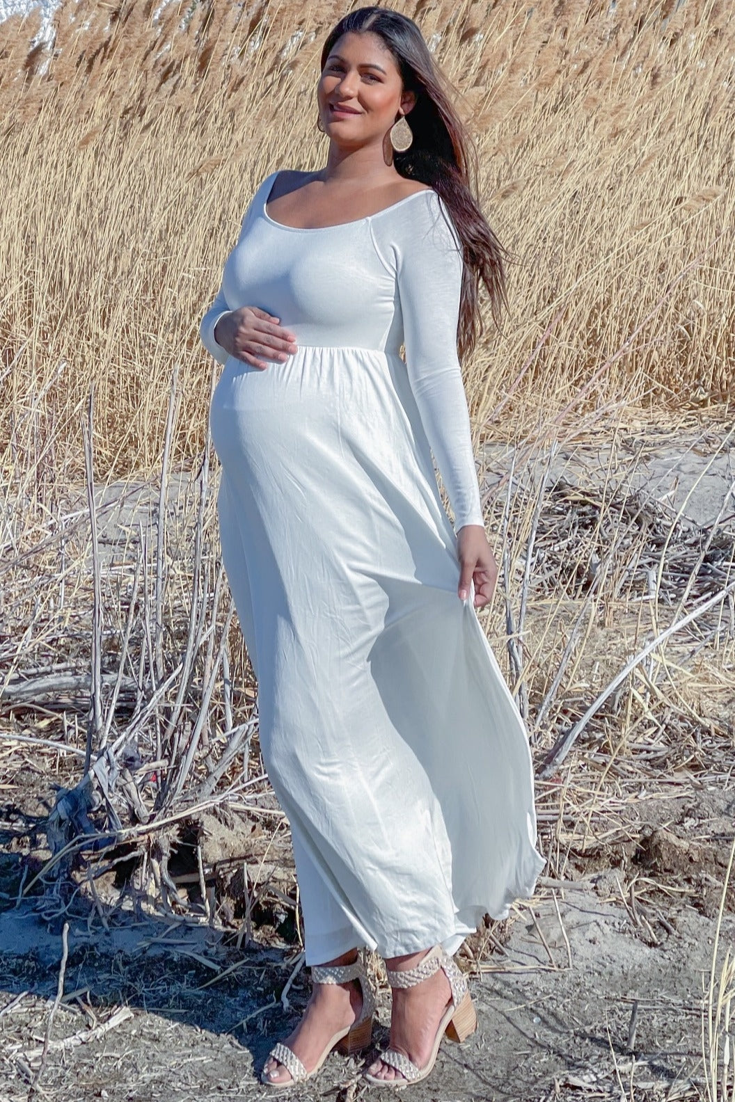 long sleeve off the shoulder maternity dress ever CELIA|Sheer Off-Shoulder Double Skirt Maxi Maternity Dress