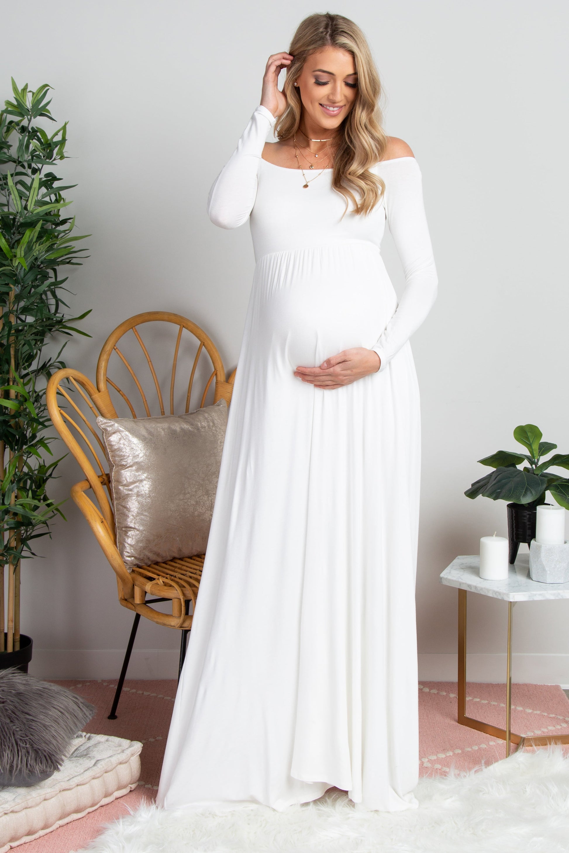 PinkBlush Petite Ivory Solid Off Shoulder Maternity Maxi Dress The Prissy Pelican PinkBlush Petite Ivory Solid Off Shoulder Maternity Maxi Dress The Prissy Pelican