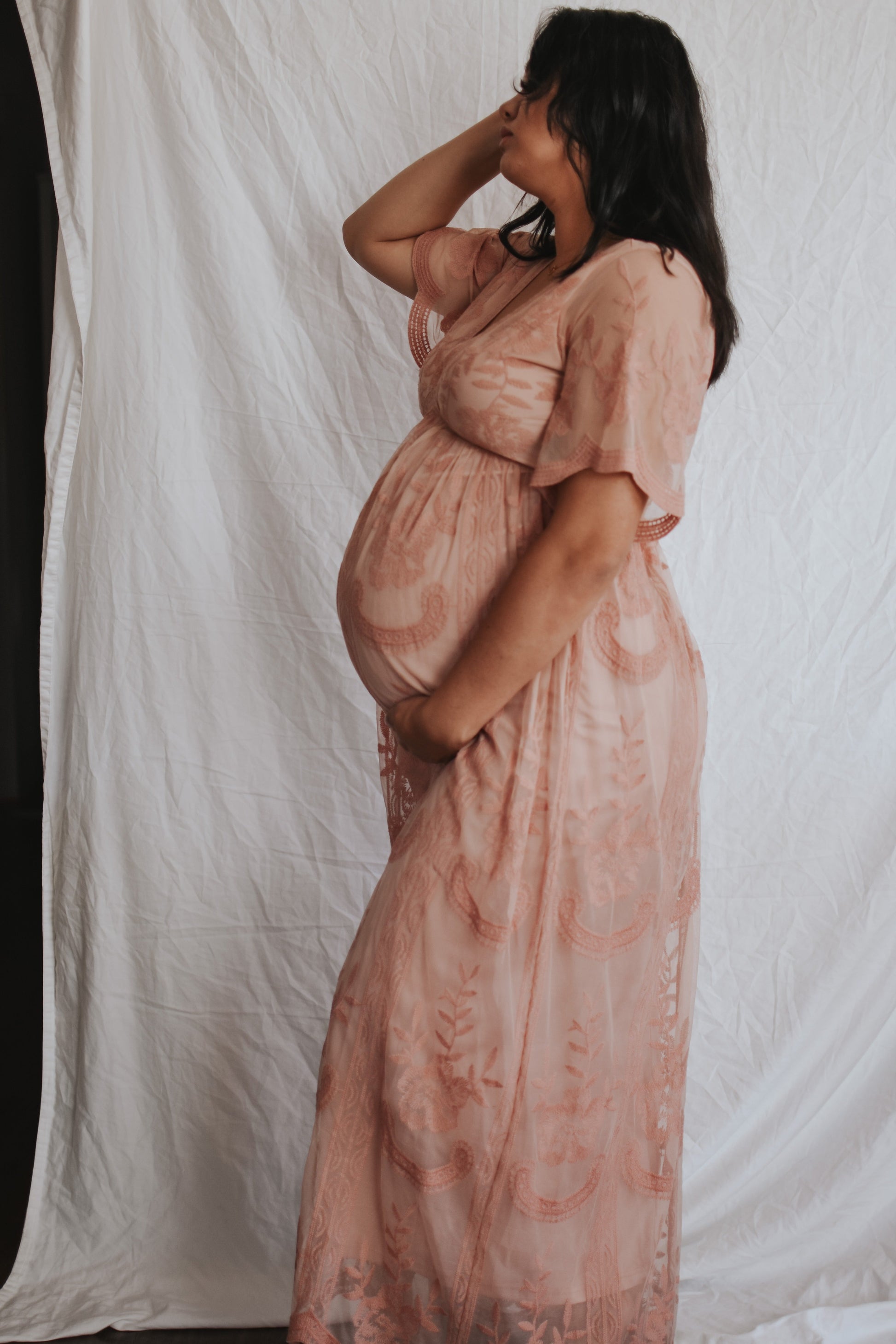 Light Pink Lace Mesh Overlay Maternity Maxi Dress The Prissy Pelican Light Pink Lace Mesh Overlay Maternity Maxi Dress The Prissy Pelican