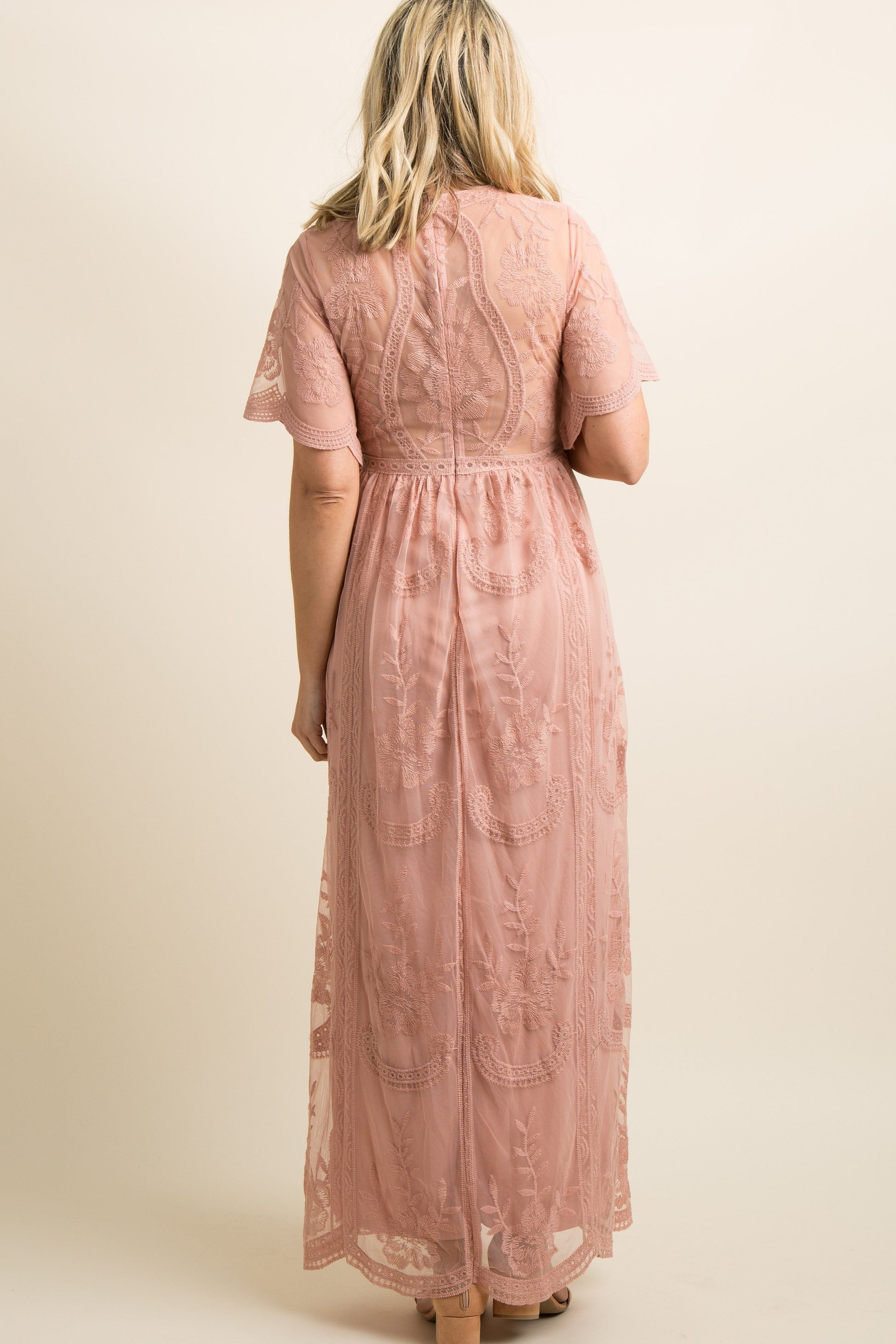 pink lace maternity maxi dress Momyknows Pink Lace Ruched Slit Splicing Bodycon Baby Shower Maternity Maxi Dress