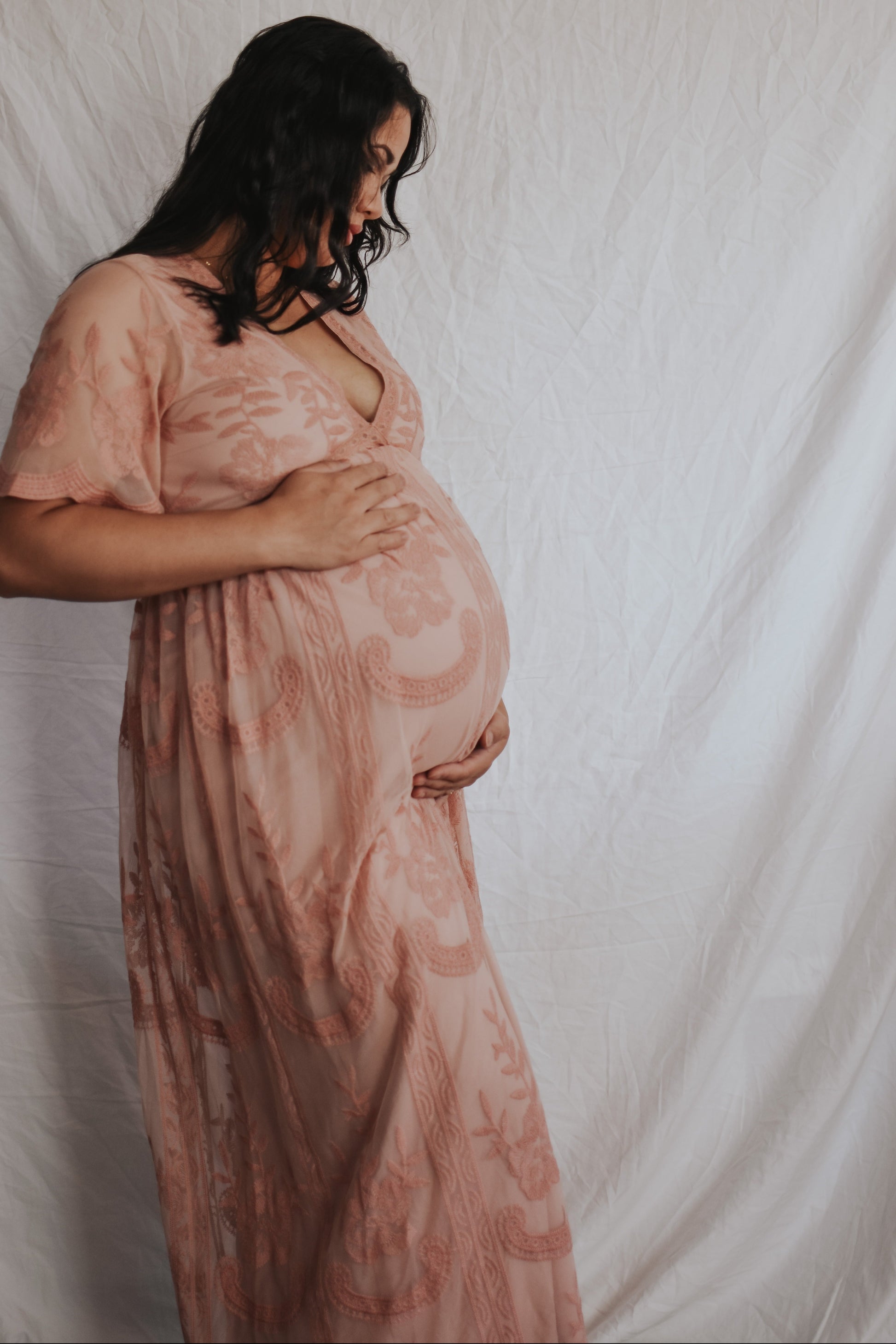 light pink lace mesh overlay maternity maxi dress blush pink maternity maxi dress Light Pink Lace Mesh Overlay Maternity Maxi Dress Medium