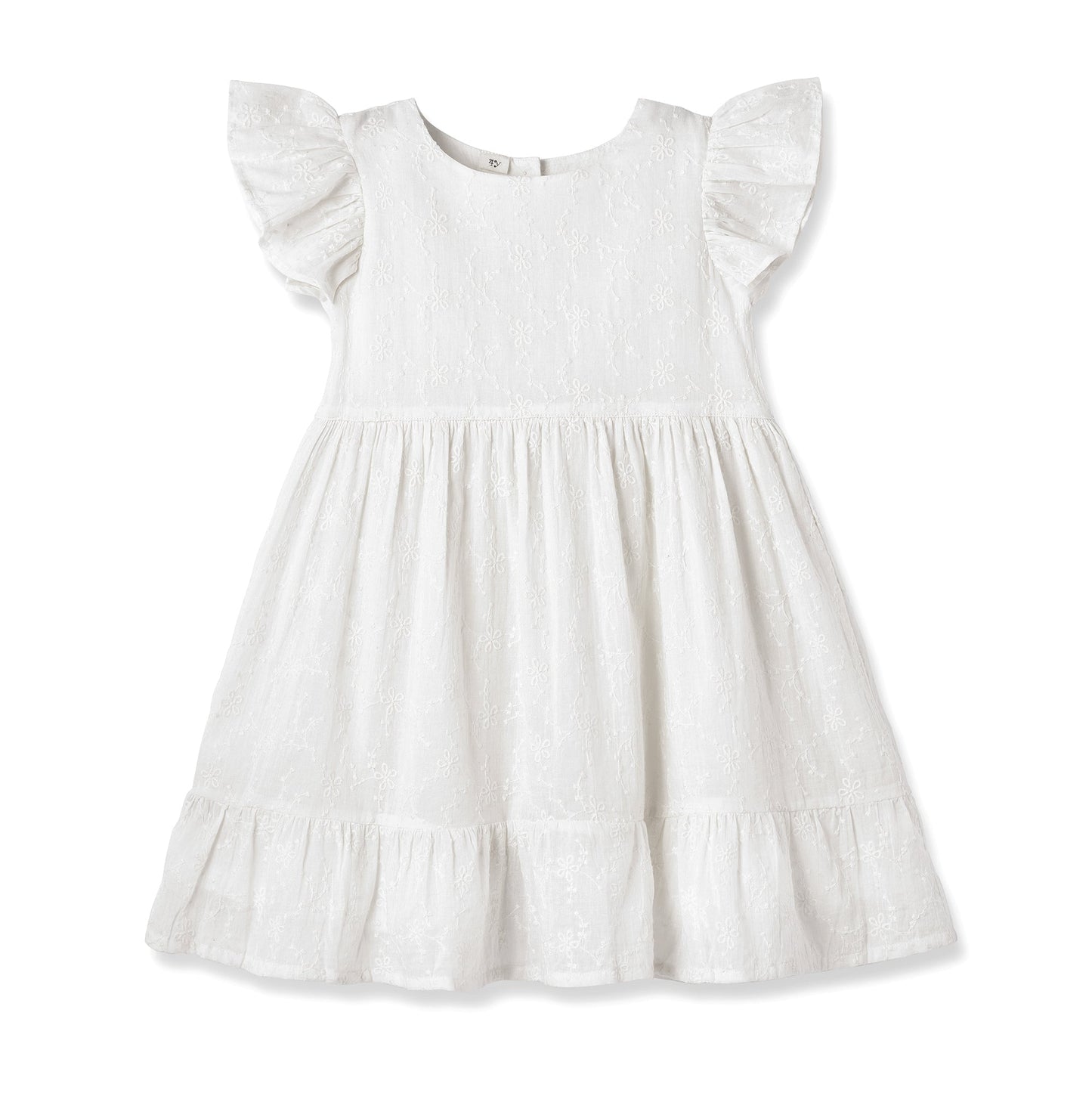 Girls White Embroidered Cotton Dress with Flutter Sleeves