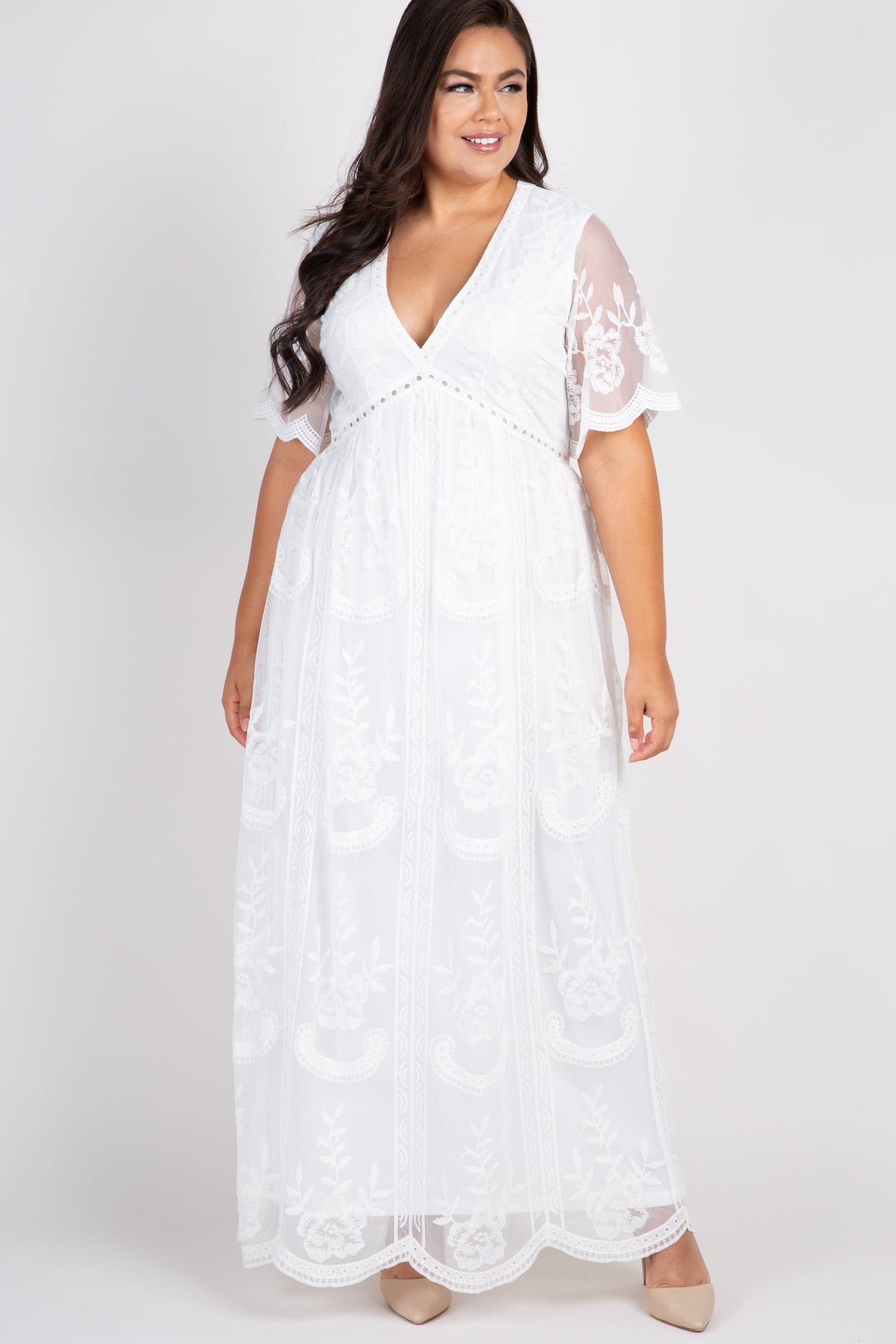 PinkBlush White Lace Mesh Overlay Plus Maternity Maxi Dress