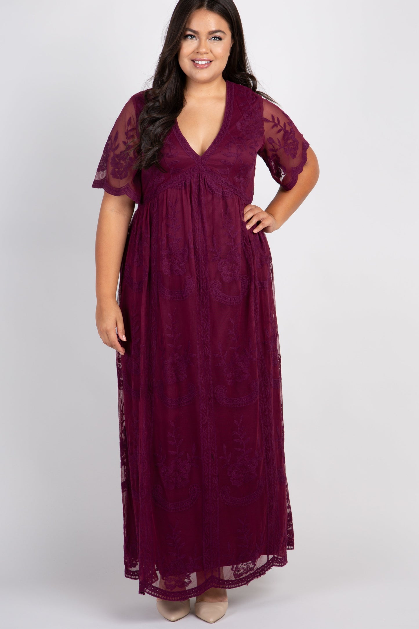 PinkBlush Burgundy Lace Mesh Overlay Plus Maxi Dress