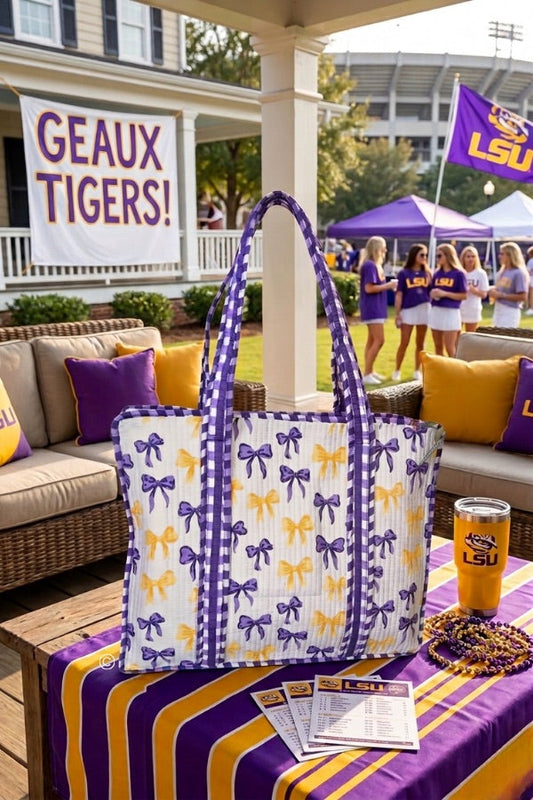 SC - Sideline Social Purple and Yellow Bow Tote bag