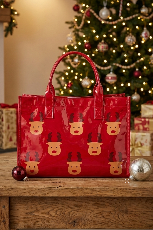 SC - ETA 9/30-10/14 Oh Deer! Christmas is Here! Red Vinyl Tote Bag