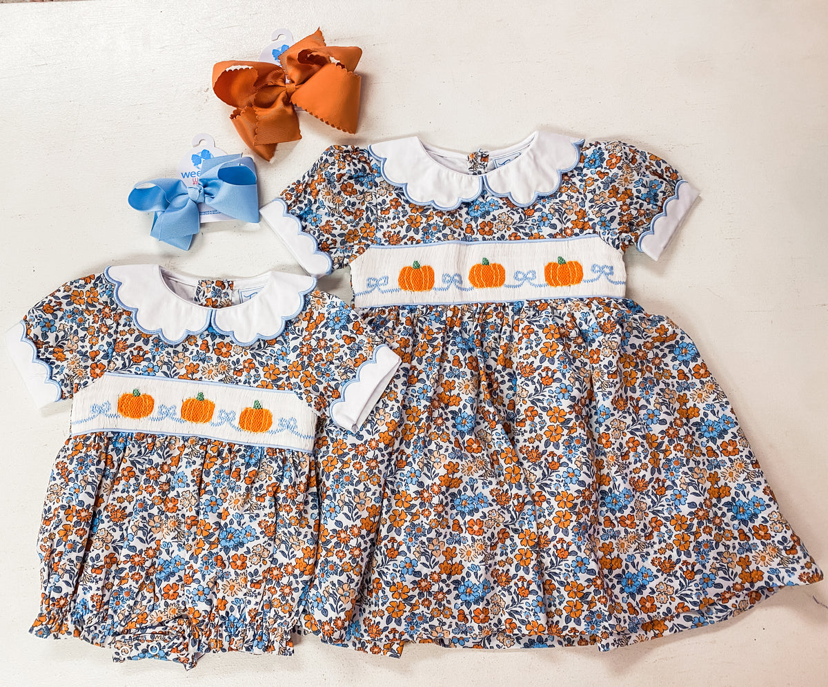 Girls Floral Hand-Smocked Pumpkin Dress | Fall & Thanksgiving
