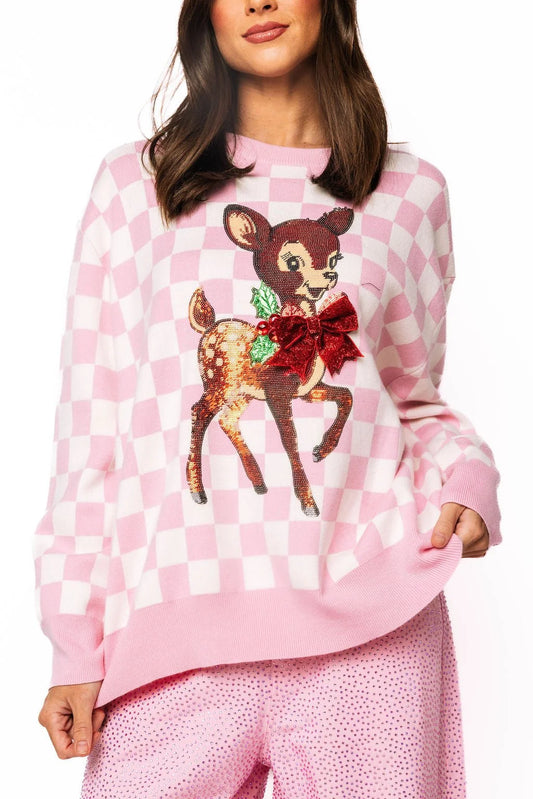 Queen of Sparkles Pink & White Checkered Sequin Reindeer Christmas Sweater