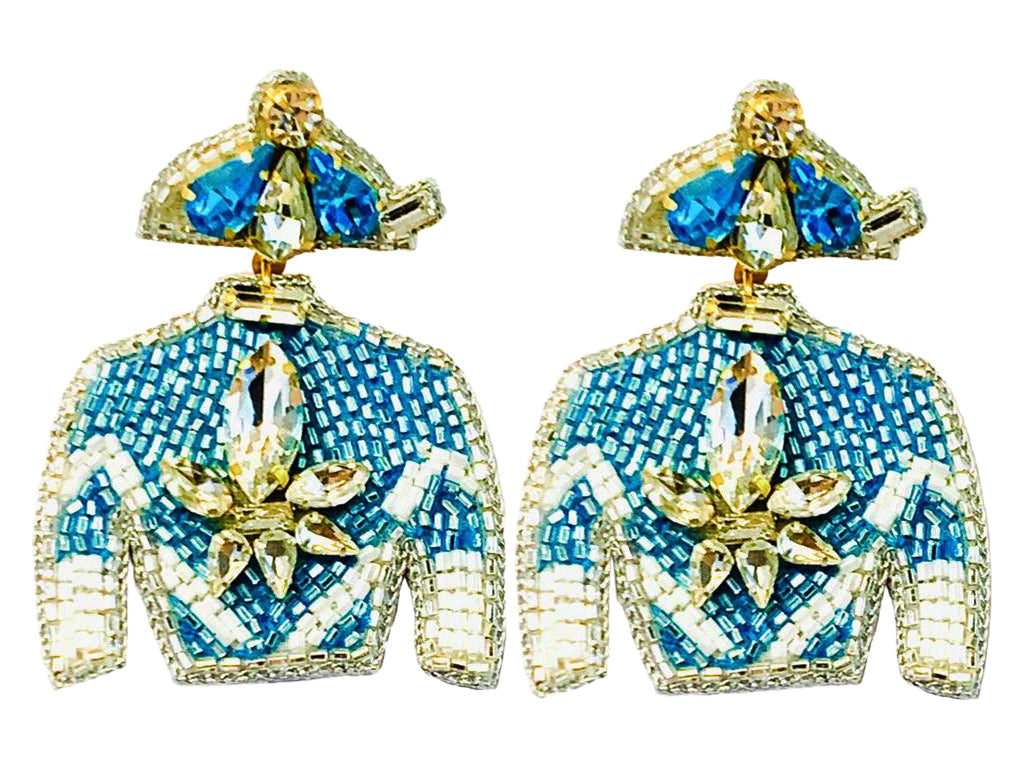Derby Jersey Silk Earrings - Blue with Rhinestone