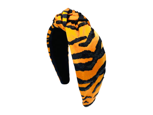 Headband Knot -  Tiger Print with Black Sequin