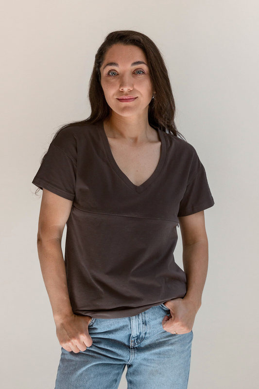 FINAL SALE V-Neck Full Zip Breastfeeding Tee - Gray