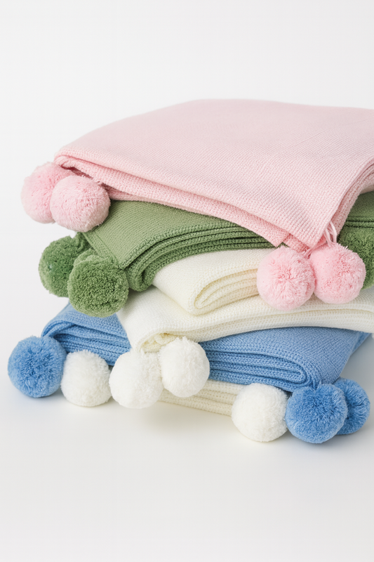 Knit Baby Blanket with Pompoms 100% Cotton