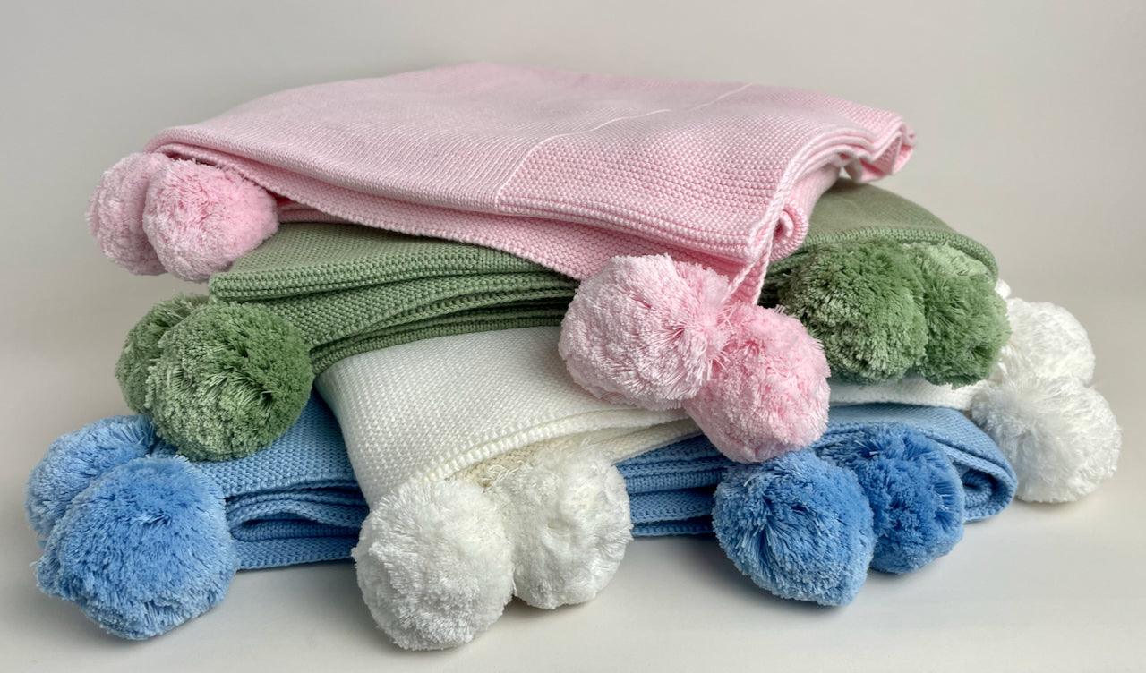 Knit Baby Blanket with Pompoms 100% Cotton