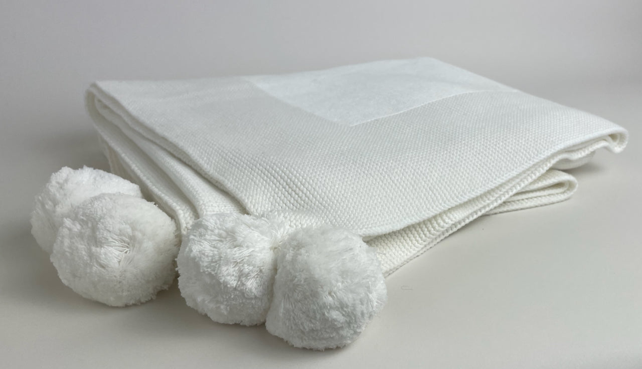 Knit Baby Blanket with Pompoms 100% Cotton