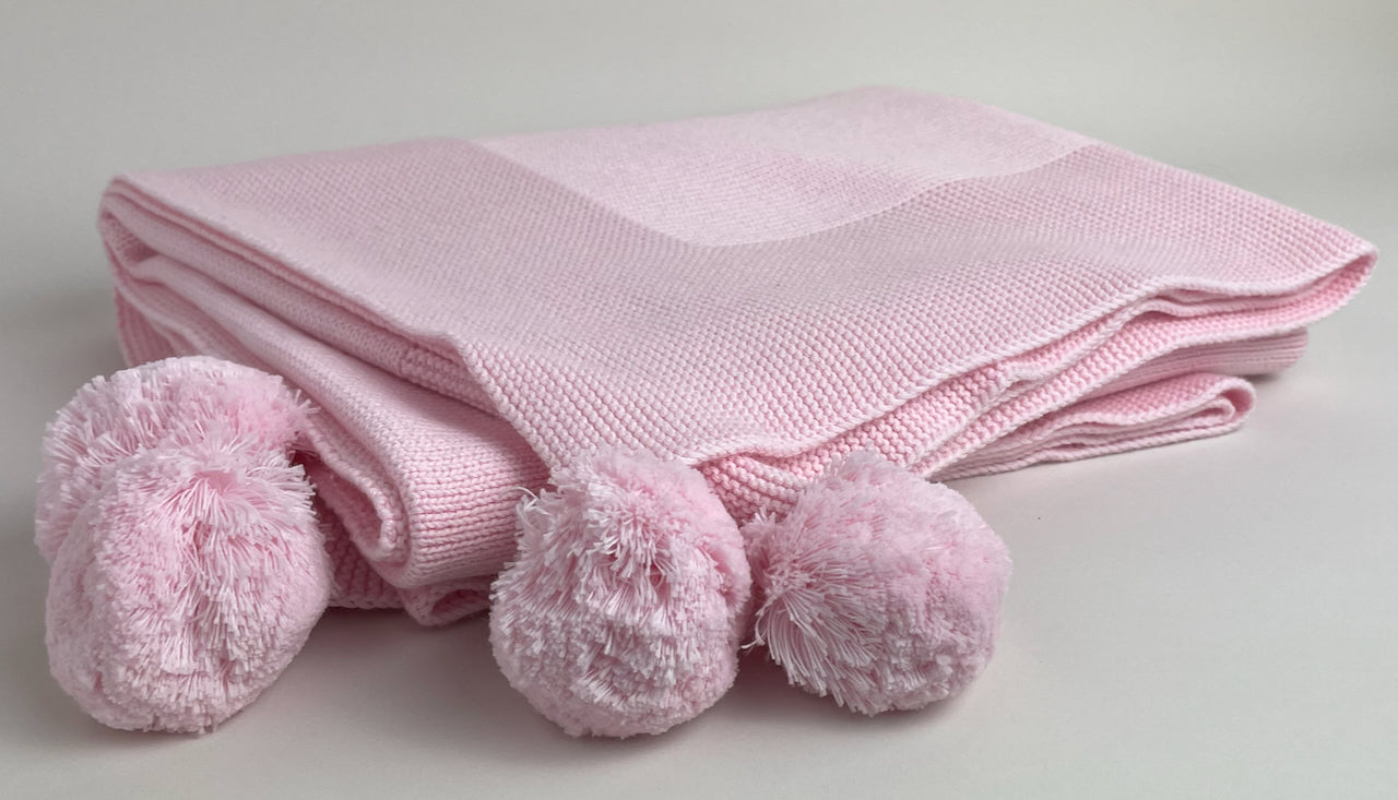 Knit Baby Blanket with Pompoms 100% Cotton