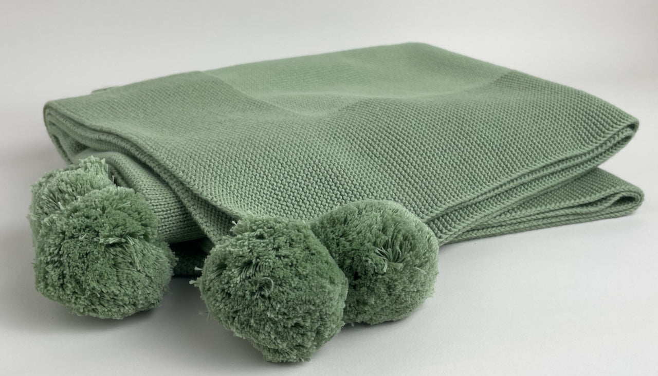 Knit Baby Blanket with Pompoms 100% Cotton