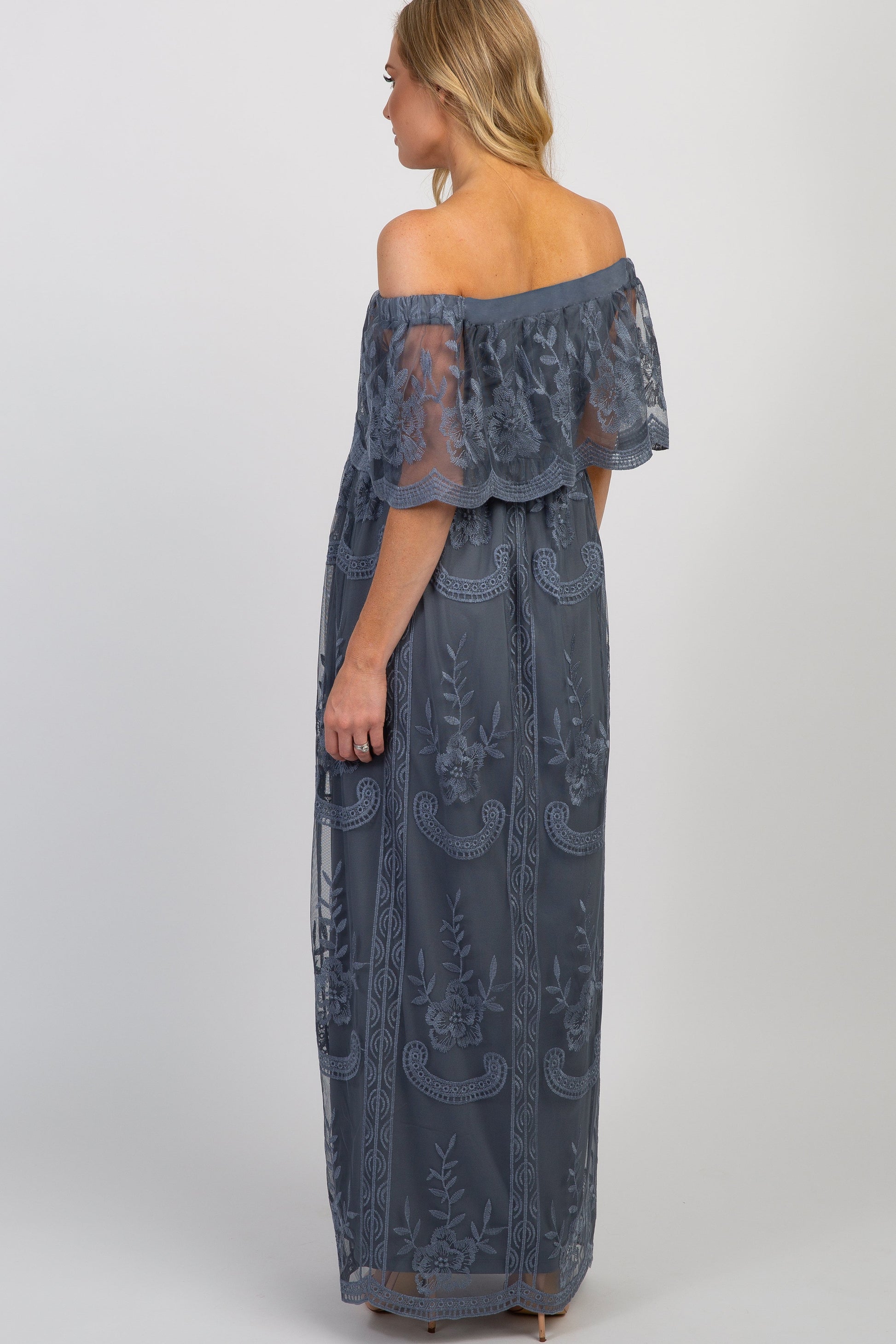 Blue Lace Mesh Overlay Off Shoulder Maternity Maxi Dress Small - PinkBlush - Casual Chic Boutique Blue Lace Mesh Overlay Off Shoulder Maternity Maxi Dress Small - PinkBlush - Casual Chic Boutique