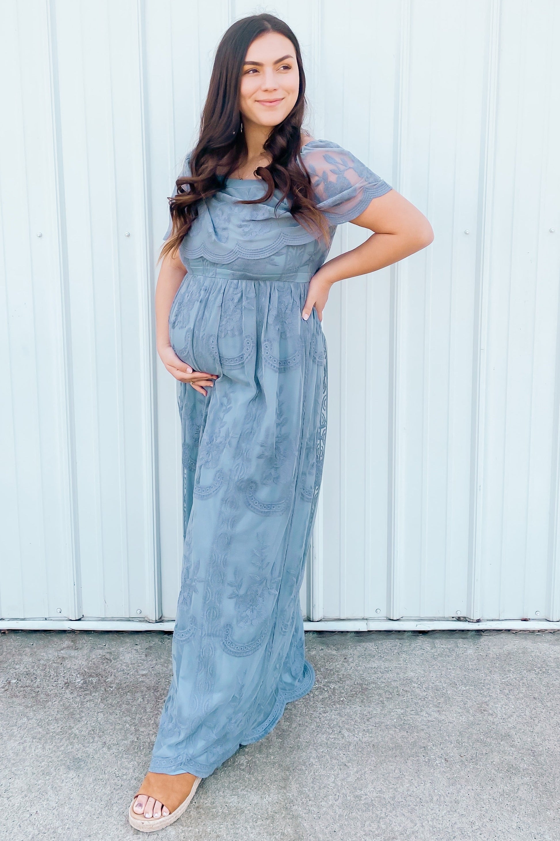 Blue Lace Mesh Overlay Off Shoulder Maternity Maxi Dress Small - PinkBlush - Casual Chic Boutique Blue Lace Mesh Overlay Off Shoulder Maternity Maxi Dress Small - PinkBlush - Casual Chic Boutique