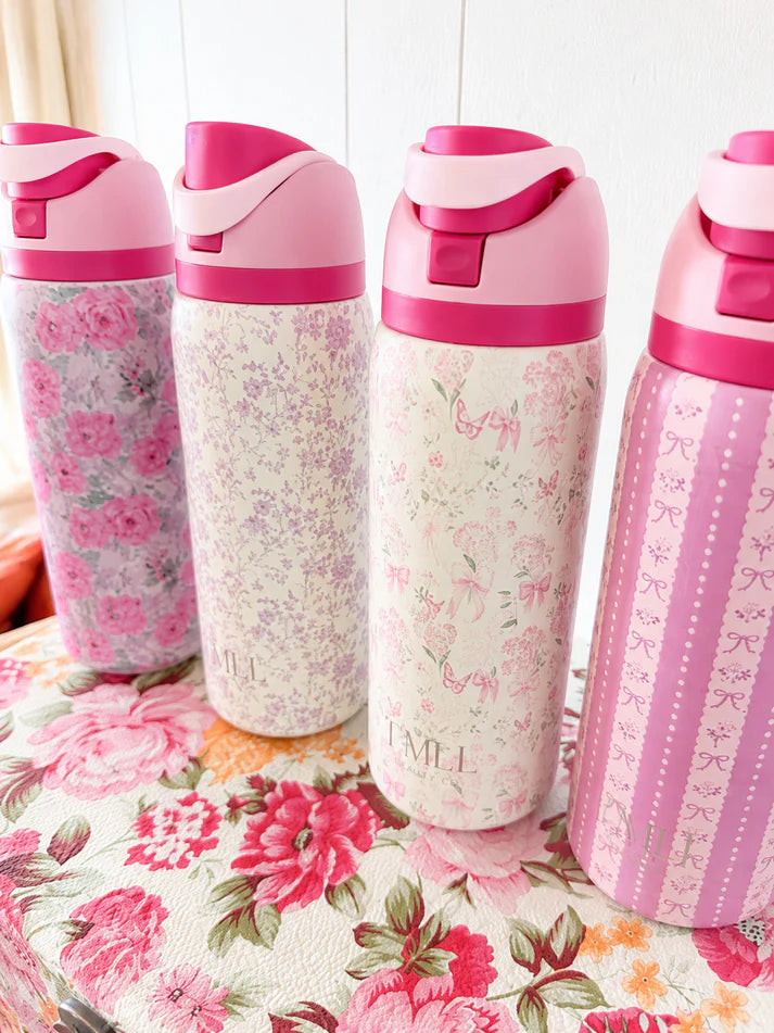 32 oz Insulated Stainless Steel Water Bottle with Flip Straw Lid | Floral & Bow Designs | Leak-Resistant | The Prissy Pelican Boutique | Bossier City, LA